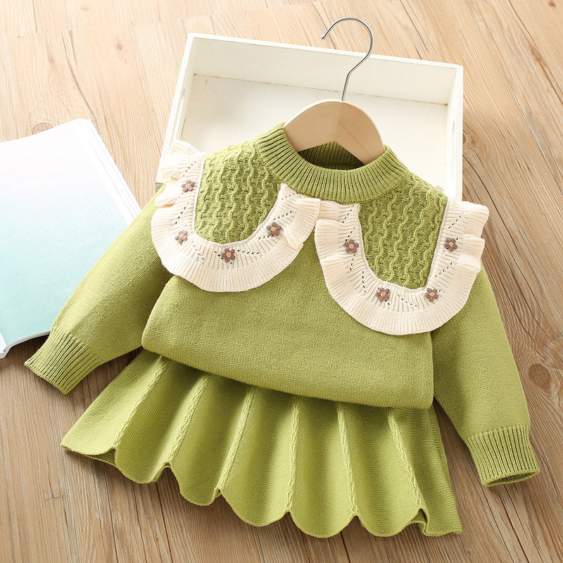 Fake Collar Flower Knitted Girls Sweater Two Piece Set