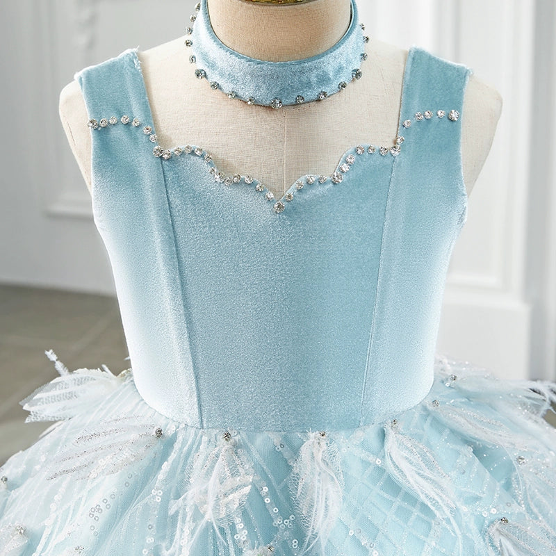 Girls Birthday Dress Children Blue Ball Princess Dress