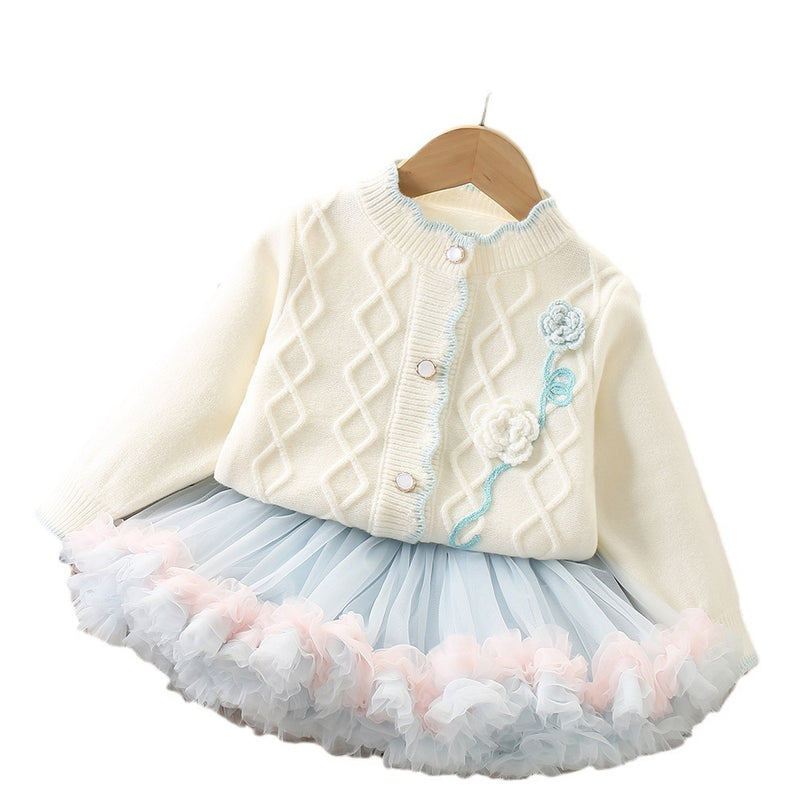 Cute Girls Sweater Set Cardigan Tutu Skirt Two-piece Set