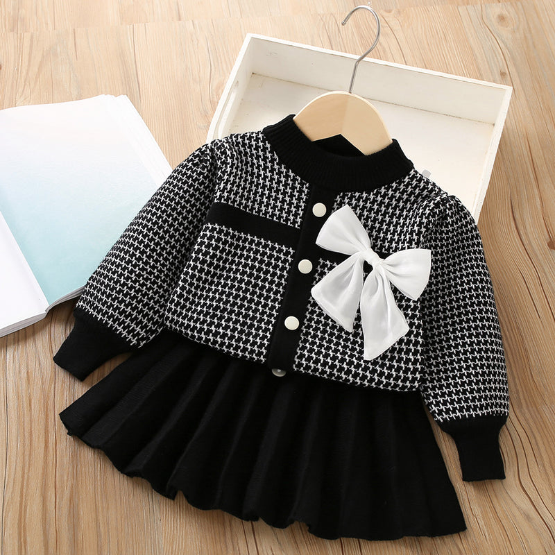 Bow Knitted Long Sleeve Princess Sweater Two-piece Set