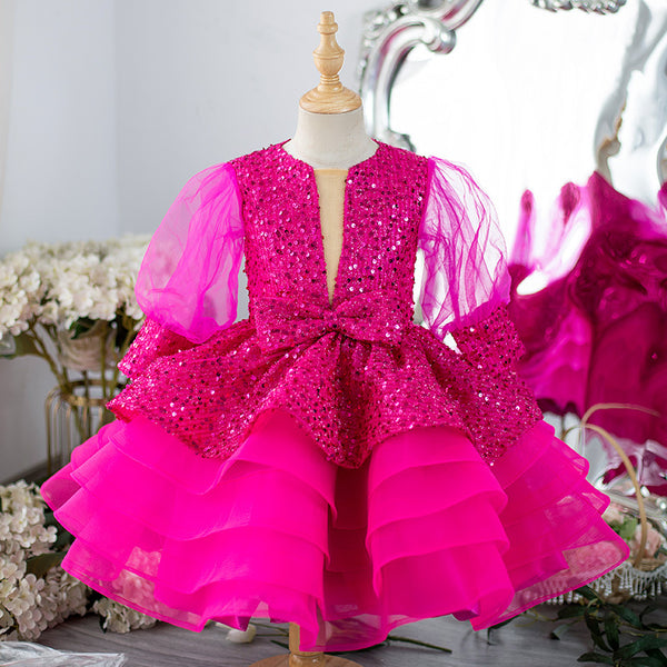 Elegant Baby Girls Sequined Tulle Puff Sleeve Tutu Toddler Ball Gowns