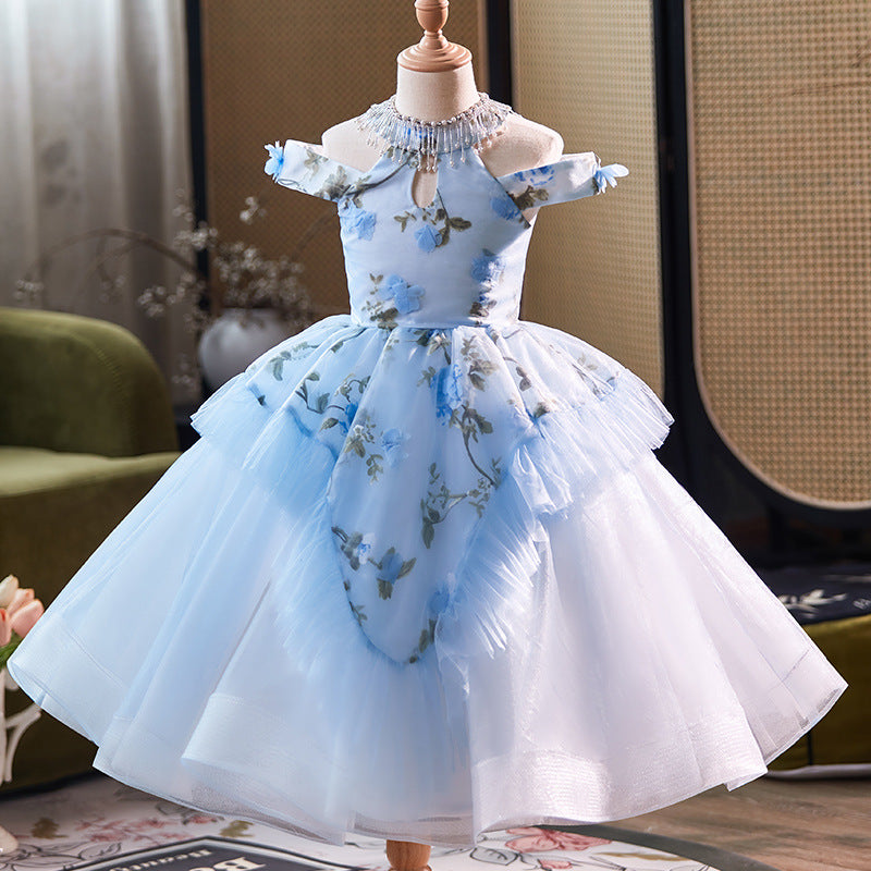 Blue Princess Dress with Flower Embroidery Birthday Dress