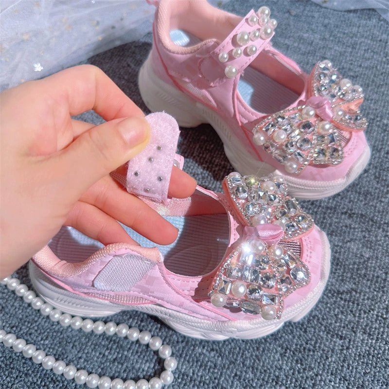 Girls Mesh Hollow Sneakers Pearl Bow Pink Shoes