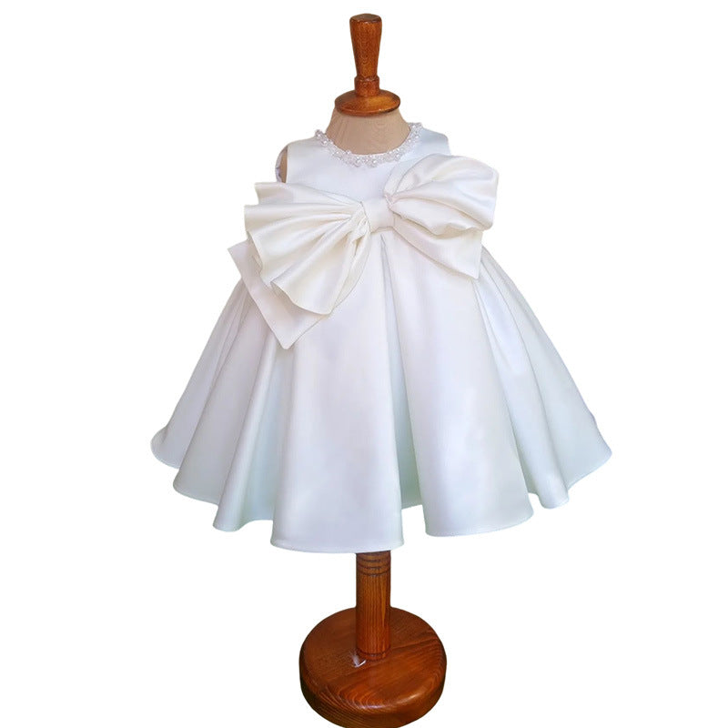 Baby Birthday White Satin Dress Girl Bow Puffy Princess Dress