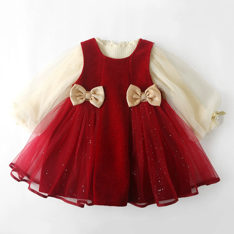 Girls Birthday Red Vest Dress Children's Bow Princess Dress