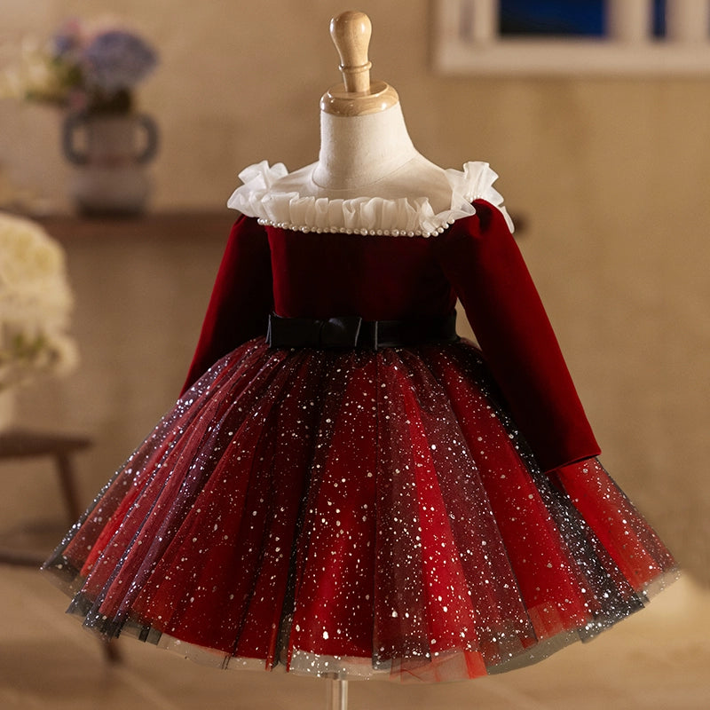 Children's Long Sleeve Birthday Dress Red Princess Dress