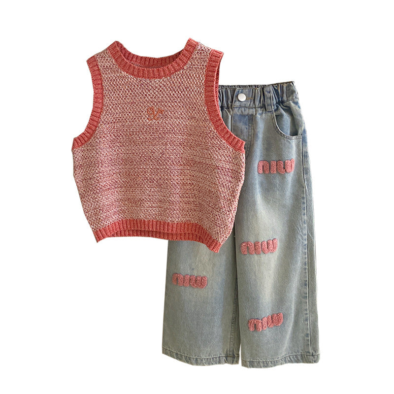 Contrast Color Knitted Vest Jeans Toddler Two Piece Set
