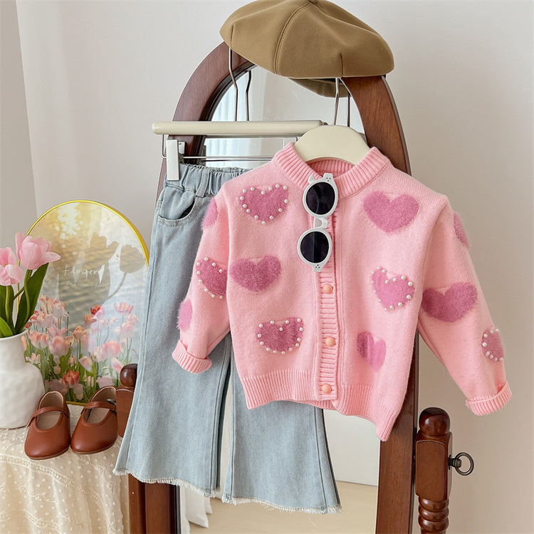 Girls' Love Hooded Knitted Cardigan