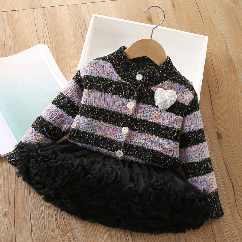 Girls Sweater Set Knitted Cardigan Tutu Skirt Princess Two-piece Set