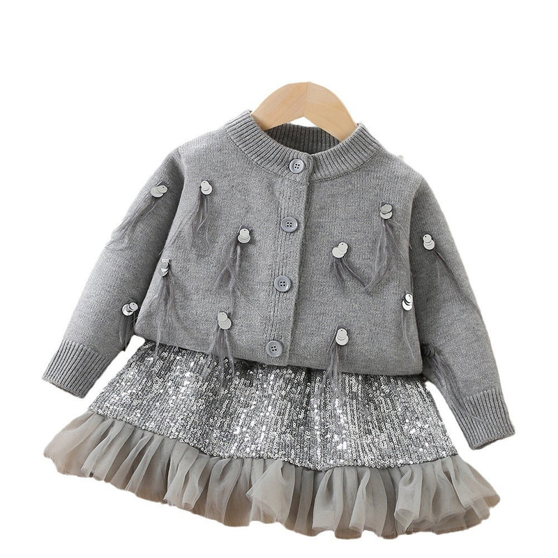 Knitted Cardigan Sequined Skirt Girls Sweater Two-piece Set