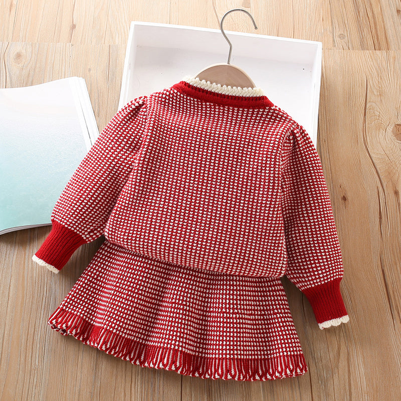 Baby Bow Knitted Long Sleeve Cardigan Two-Piece Set