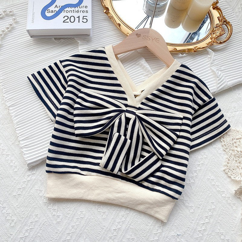 Summer Striped Suit Girls Bow T-shirt Two-piece Suit