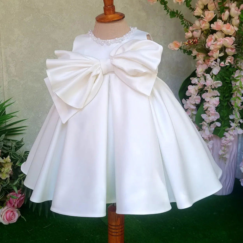 Baby Birthday White Satin Dress Girl Bow Puffy Princess Dress