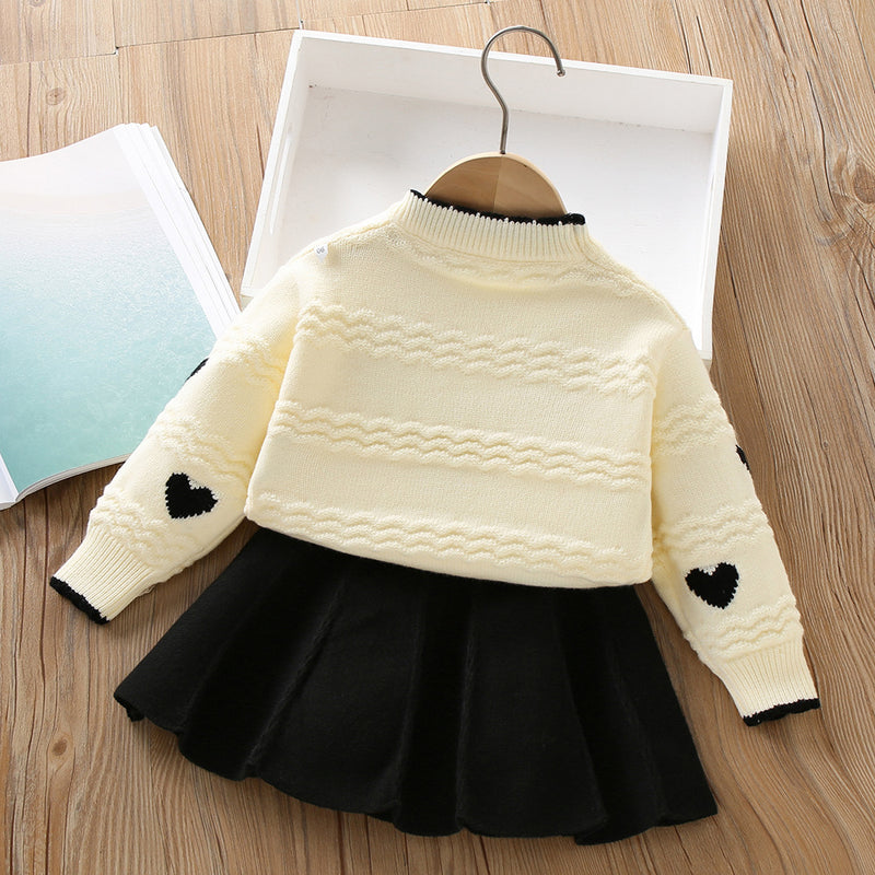 Baby Heart Knitted Girls Sweater Two-piece Set