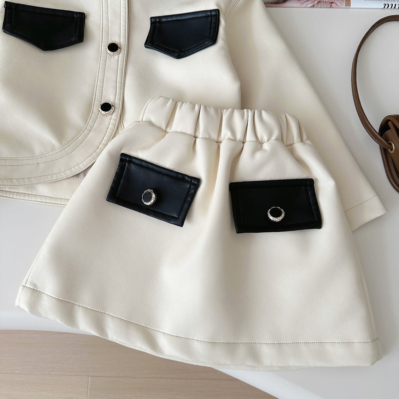 Girls Colorblock Leather Coat Short Skirt Two-Piece Set