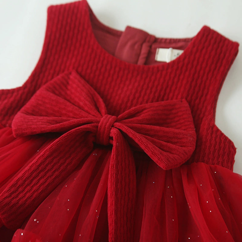 Girls Red Bow Vest Dress Baby Birthday Princess Dress