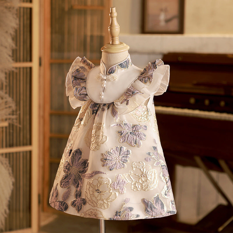 Elegant Baby Satin Jacquard Butterfly Sleeve Princess Dress Toddler Girls Pageant Dresses