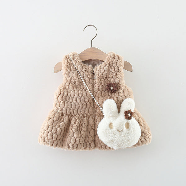 Floral Sleeveless Fur Sweater with Rabbit Bag Vest