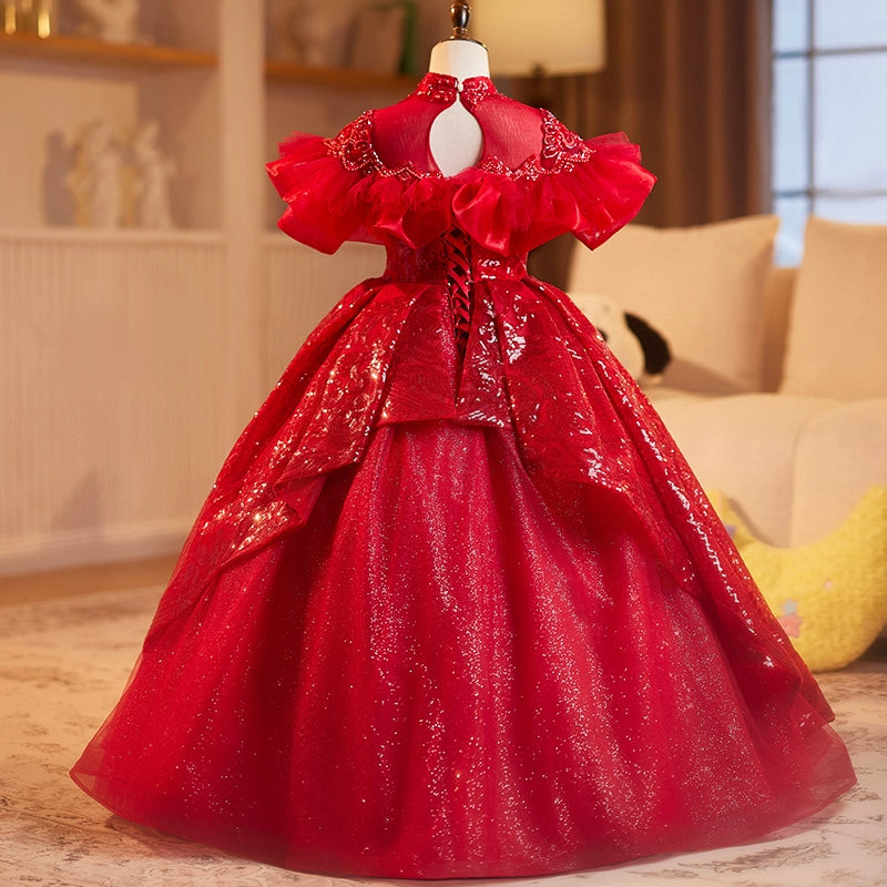 Red Girls Dress Children's Wedding Dress Puffy Princess Dress