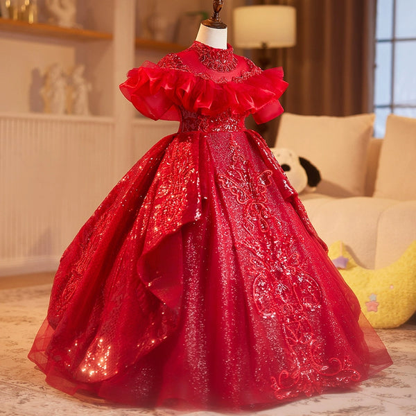 Red Girls Dress Children's Wedding Dress Puffy Princess Dress