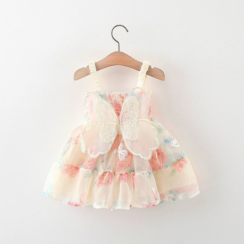 Girls Flower Dress Summer Girls Butterfly Wings Suspender Dress