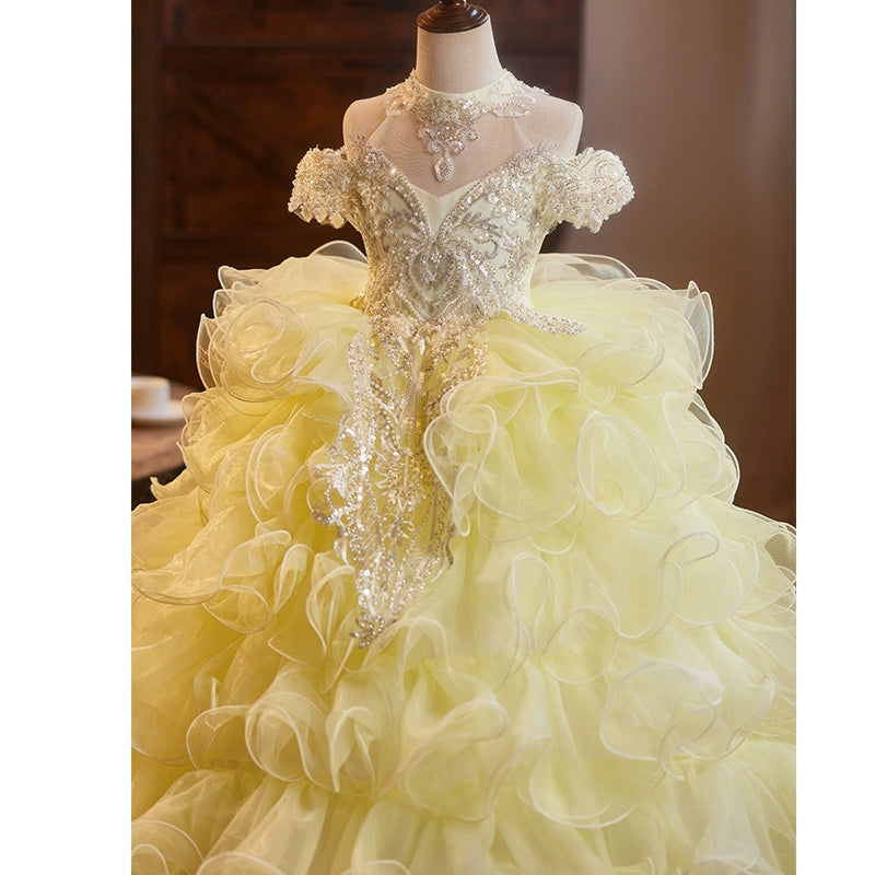 Girls Pageant Dresses Children's Yellow Sequined Princess Dress