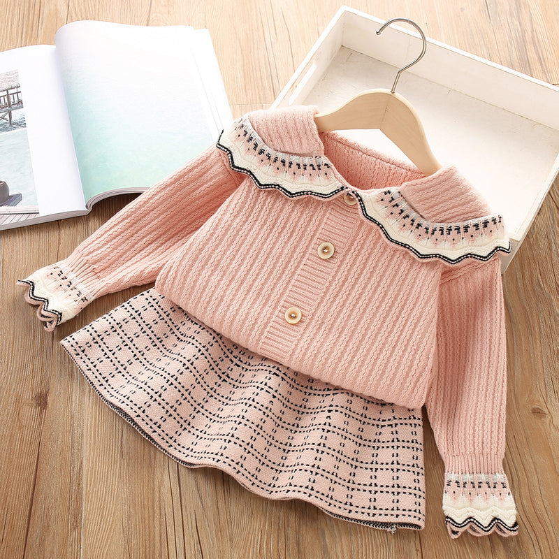 Lapel Knitted Cardigan Girls Sweater Two Piece Set