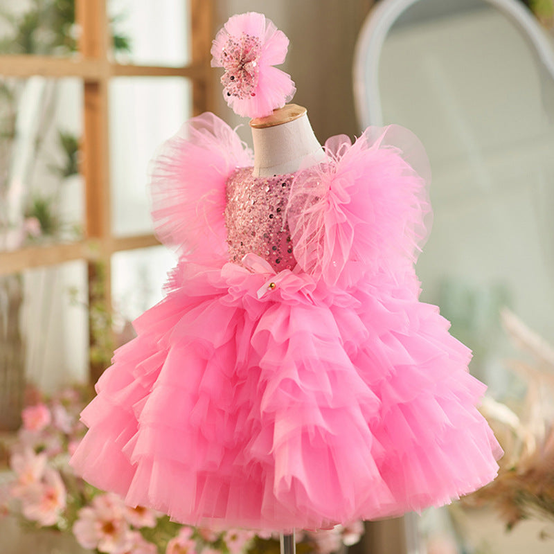 Elegant Girls Fluffy Sequined Dress Toddler Birthday Princess Dress