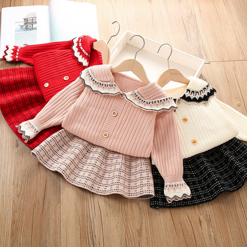 Lapel Knitted Cardigan Girls Sweater Two Piece Set