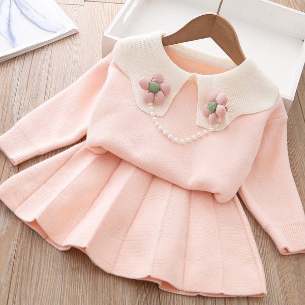 Girls Knitted Dress Necklace Neck Sweater Two-piece Set