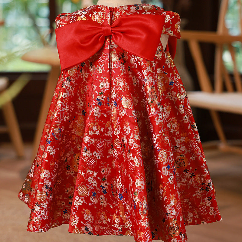 Elegant Baby Girl Red Sleeveless Floral Birthday Dress Toddler New Year Dress