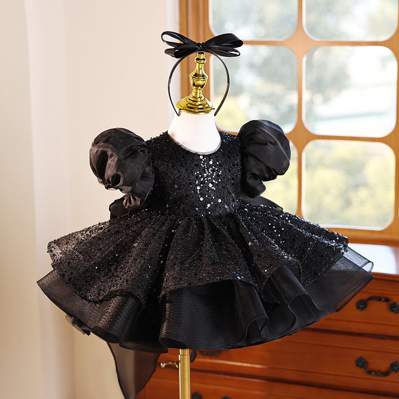 Children's Black Birthday Dress Girls Puff Sleeve Princess Dress