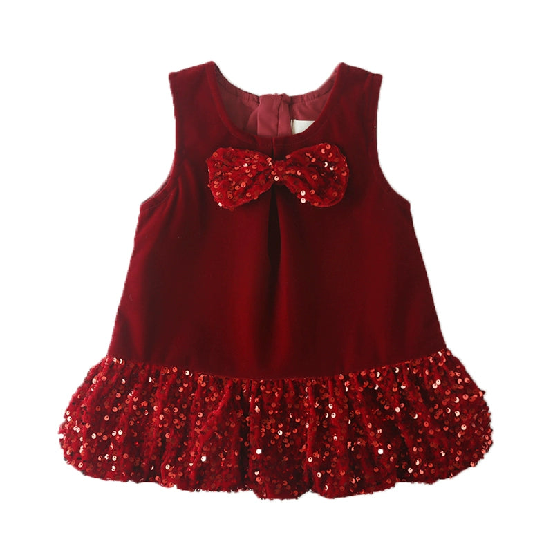 Baby Red Sequin Bow Dress Children's Velvet Vest Dress