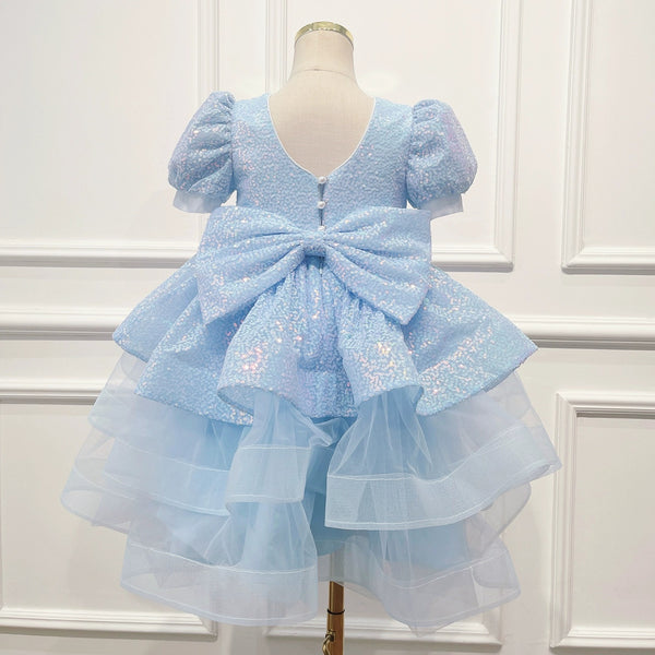 Blue Girls Birthday Sequin Dress Children's Puff Sleeve Party Princess Dress