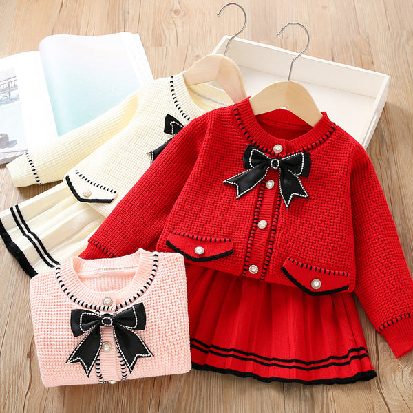 Girls Knitted Long-sleeved Bow Sweater Two-piece Set