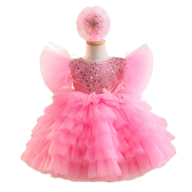 Elegant Girls Fluffy Sequined Dress Toddler Birthday Princess Dress