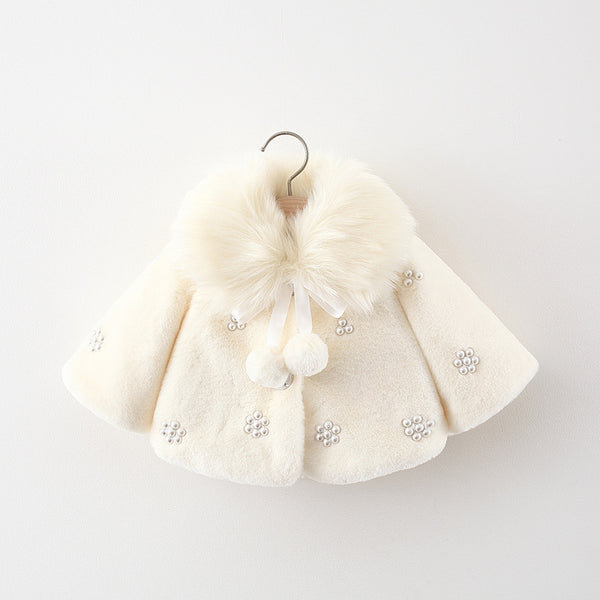 Girls Fur Collar Pearl Flower Fur Sweater Coat