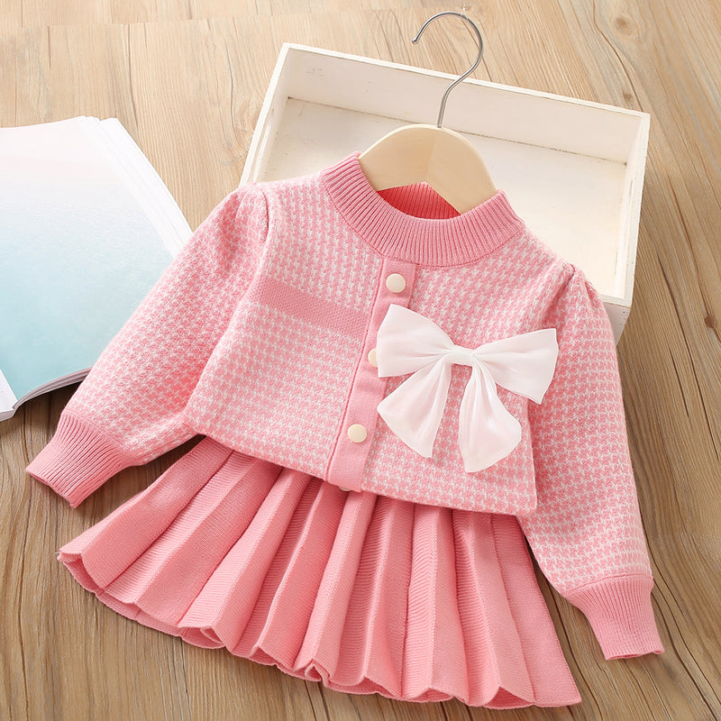 Bow Knitted Long Sleeve Princess Sweater Two-piece Set