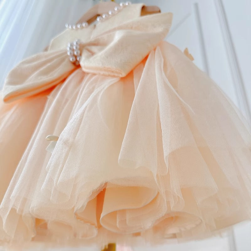 Cute Baby Champagne Bow Fluffy Gauze Dress Toddler Birthday Party Dress