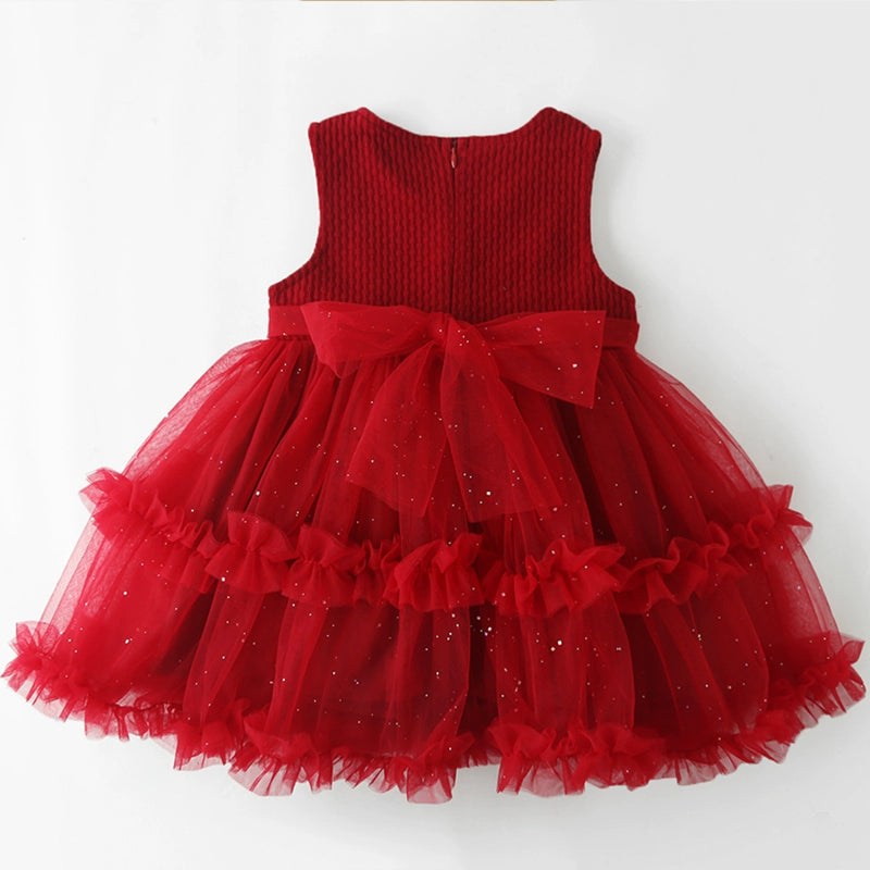 Girls Red Bow Vest Dress Baby Birthday Princess Dress