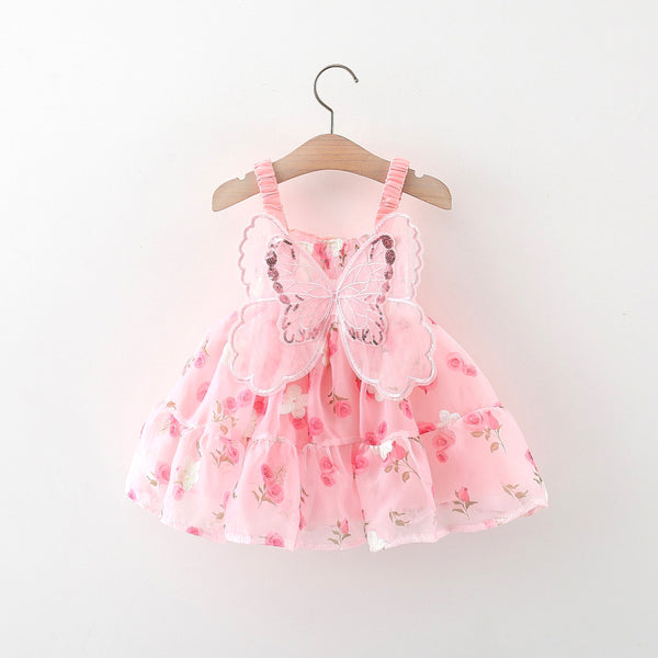 Girls Flower Dress Summer Girls Butterfly Wings Suspender Dress