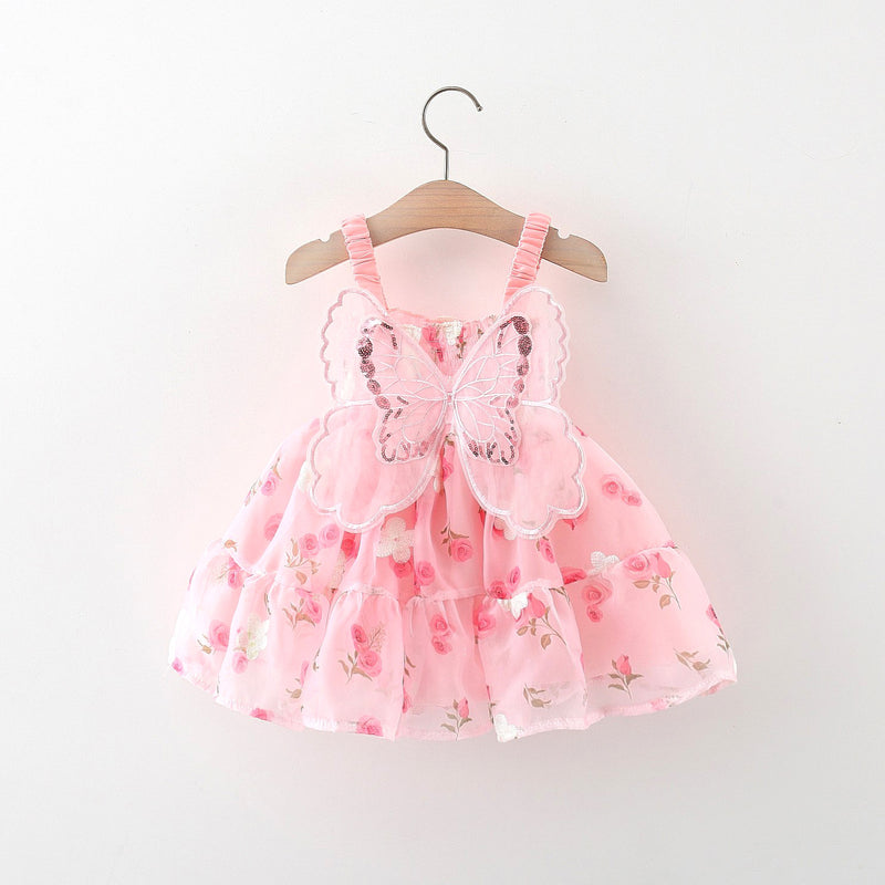 Girls Flower Dress Summer Girls Butterfly Wings Suspender Dress