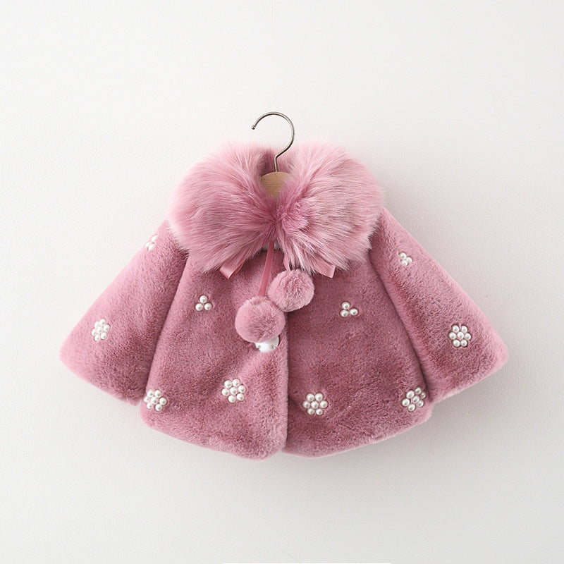 Girls Fur Collar Pearl Flower Fur Sweater Coat