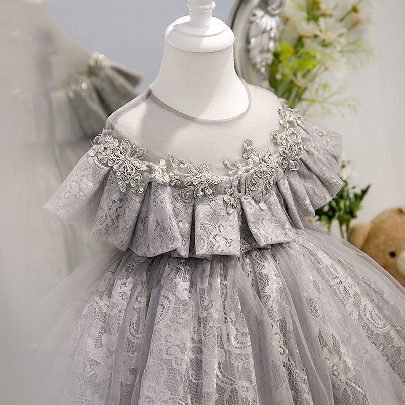 Cute Baby Girl Gray Sequin Pattern Mesh Birthday Princess Dress Toddler Flower Girl Fluffy Dress