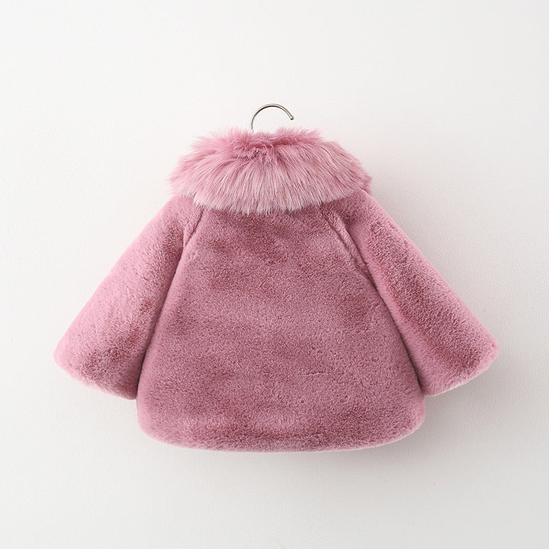 Girls Fur Collar Pearl Flower Fur Sweater Coat