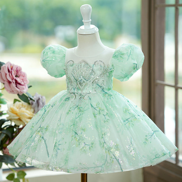 Mint Green Baby Birthday Dress Puff Sleeve Princess Dress