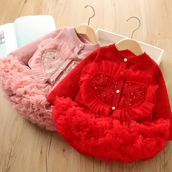 Cute Christmas Winter Girls Sweater Set Cardigan Tutu Skirt Two-piece Set