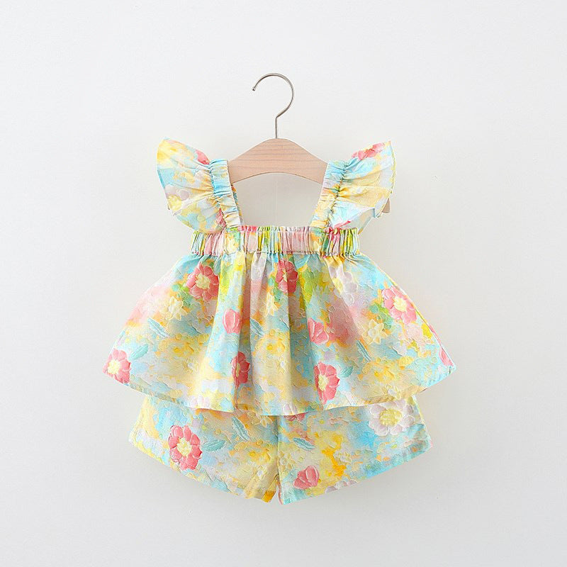 Baby Girls Set Printed Sling Fly Sleeve Princess Dress