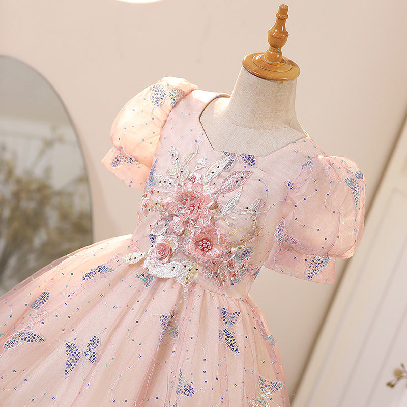 Girls Butterfly Embroidery Princess Dress with Flowers Birthday Dress