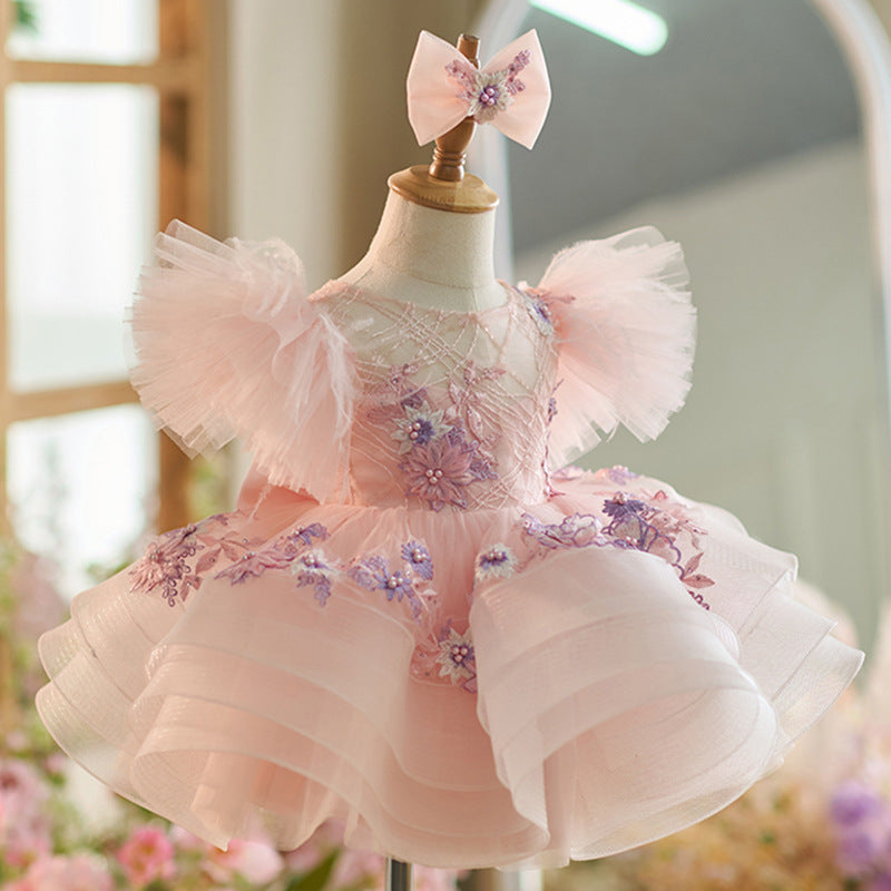 Elegant Girls Ball Gown Embroidery Flower Girl Dress Toddler Birthday Princess Dress